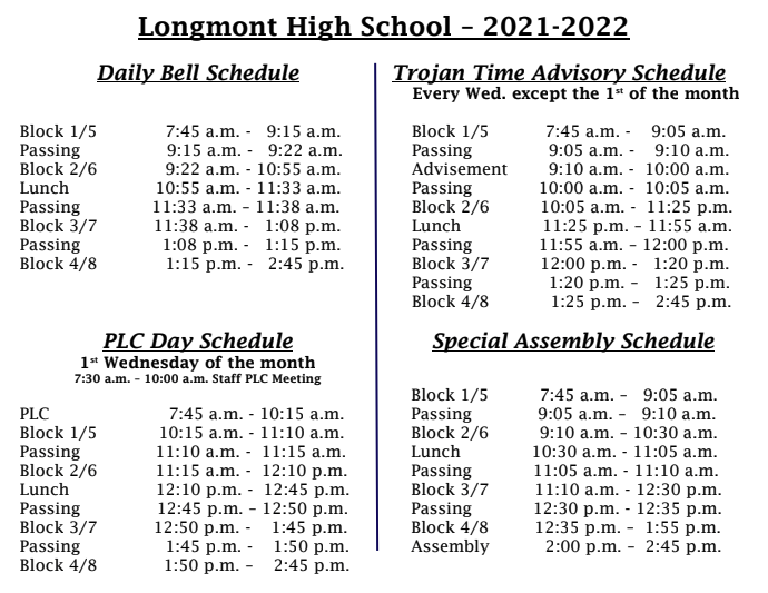 Bell schedule for Longmont High