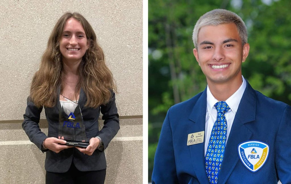 FBLA student Uma champ holding the award she won at FBLA Nationals. On the right, a portrait of Tony Bermudez in 