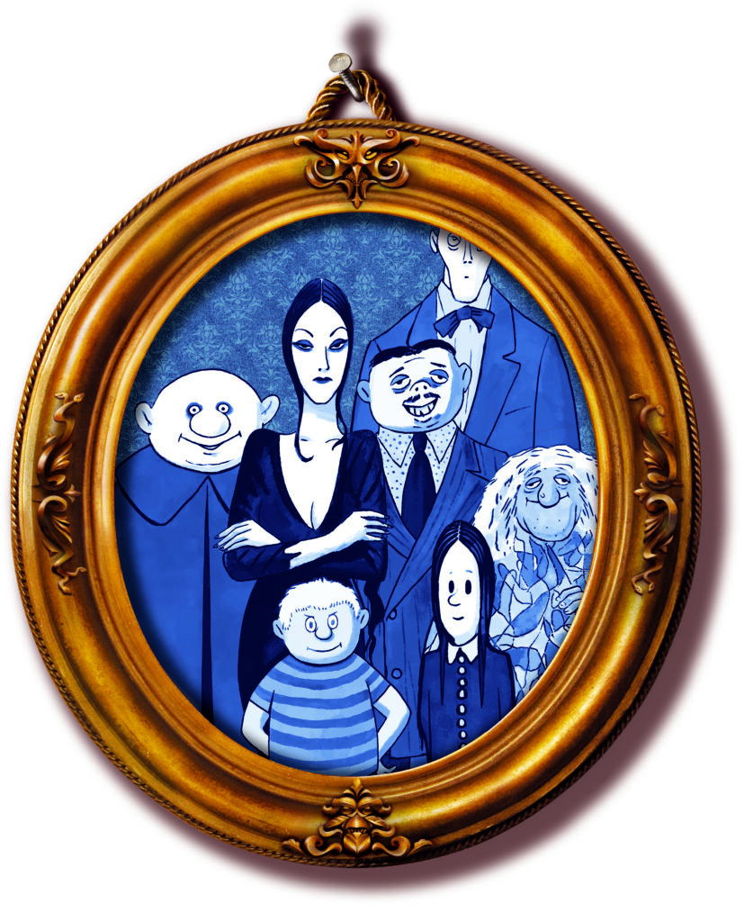 A stylized family portrait of the Addams Family in a gold frame, featuring various quirky characters.